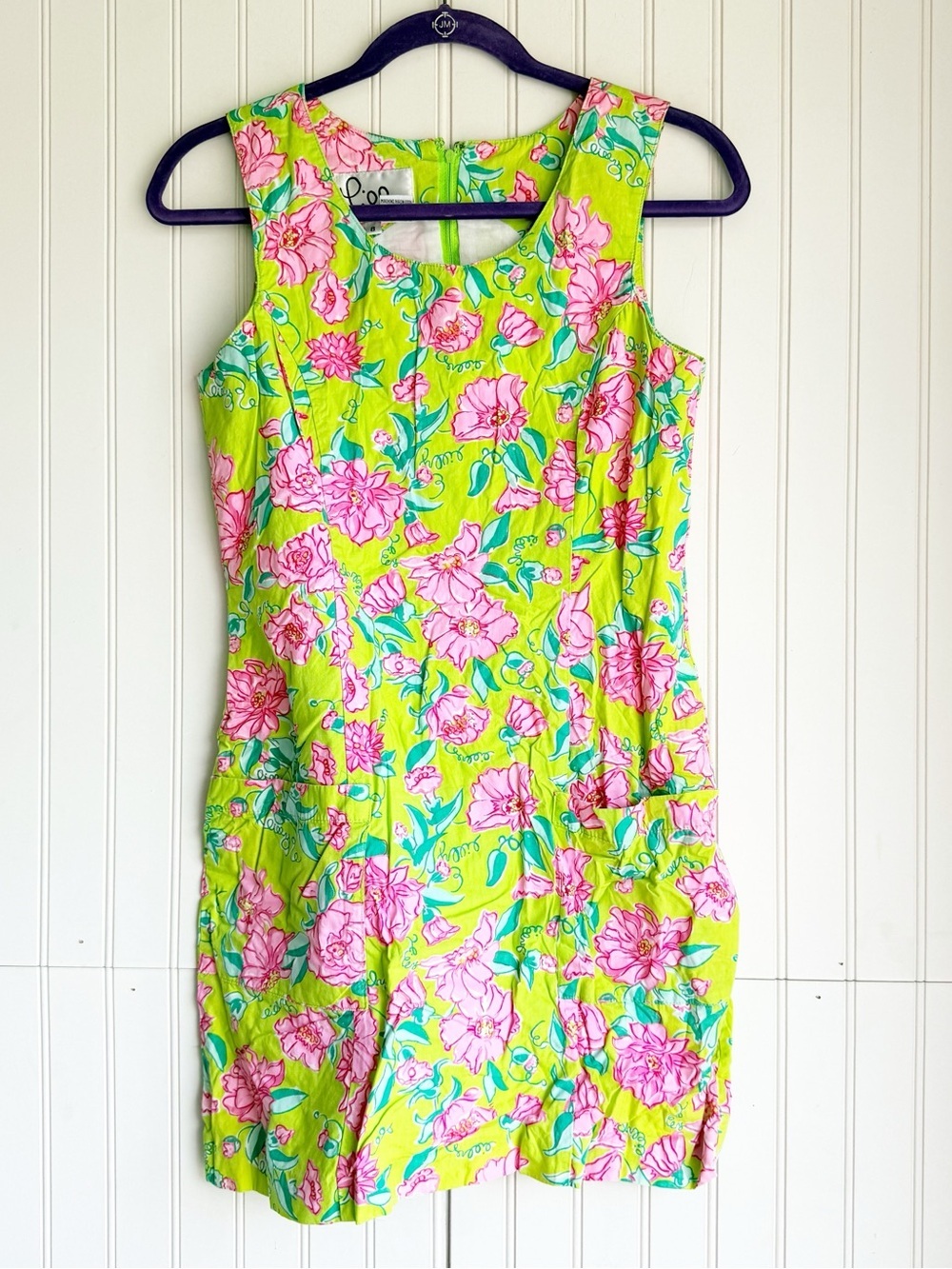 Vintage Lilly Pulitzer Size 8 Floral Lime Green Pink Sleeveless Mini Dress